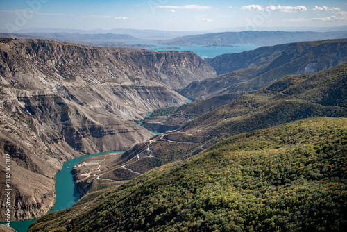 Mountain river valley, top view