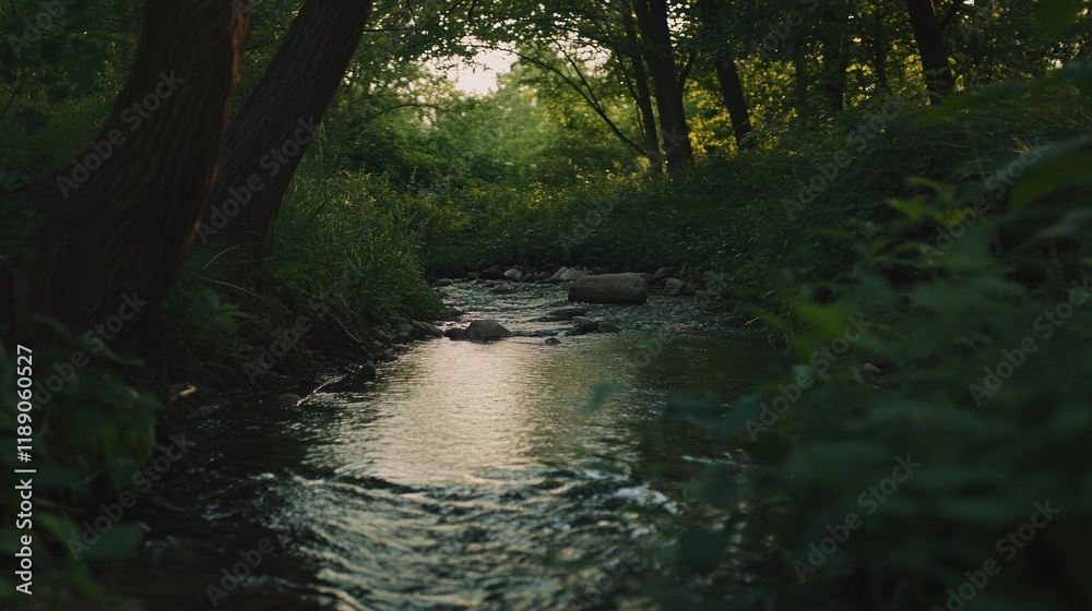 Obraz premium Serene stream flowing through lush green forest at sunset.