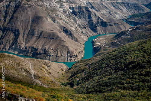 Mountain river valley, top view
