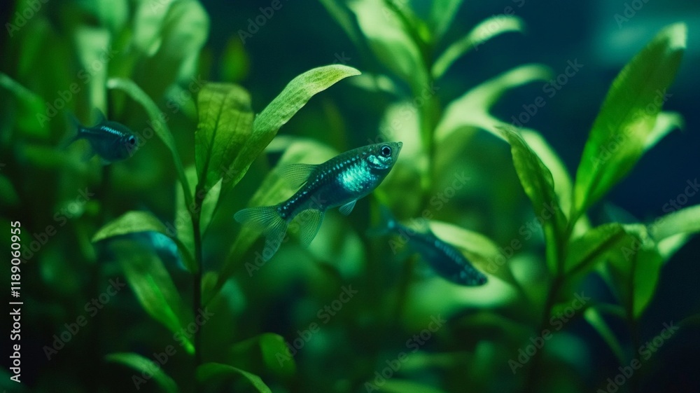 Naklejka premium An Aquatic scene featuring small fish swimming among lush green plants, creating serene underwater atmosphere
