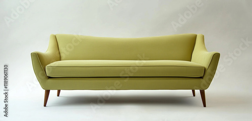 A Scandinavian style sofa in pastel green fabric with tapered wooden legs, placed against a solid white background.