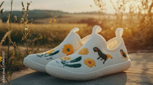 White slip-on children's shoes with embroidered floral and bird designs, outdoors in sunset light. photo