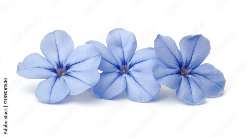 close up of three light blue flowers in bloom on a white background
