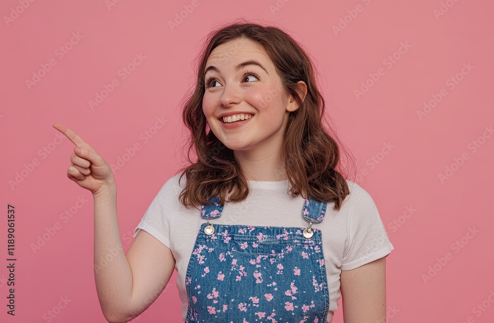 A young woman in her mid-twenties, wearing an adorable floral overall dress and white t-shirt underneath, pointing to the side with one hand while smiling at the camera A young woman in her mid-twenties, wearing an adorable floral overall dress and white t-shirt underneath, pointing to the side with one hand while smiling at the camera