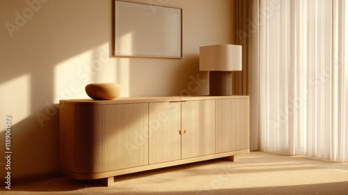Sunlight illuminates a minimalist wooden sideboard, lamp, and artwork in a calm, modern interior.
