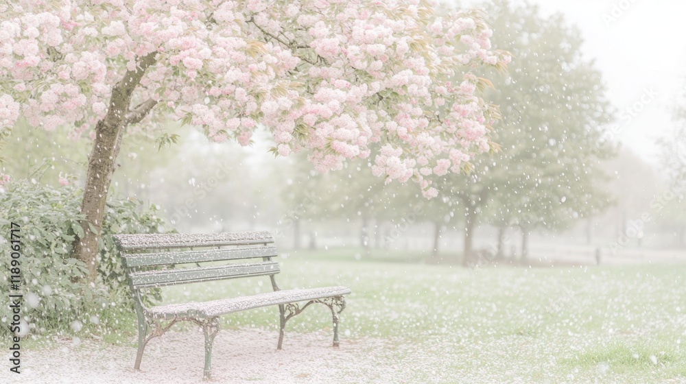 Serene park bench under blossoming tree in snowfall. Serene park bench under blossoming tree in snowfall.