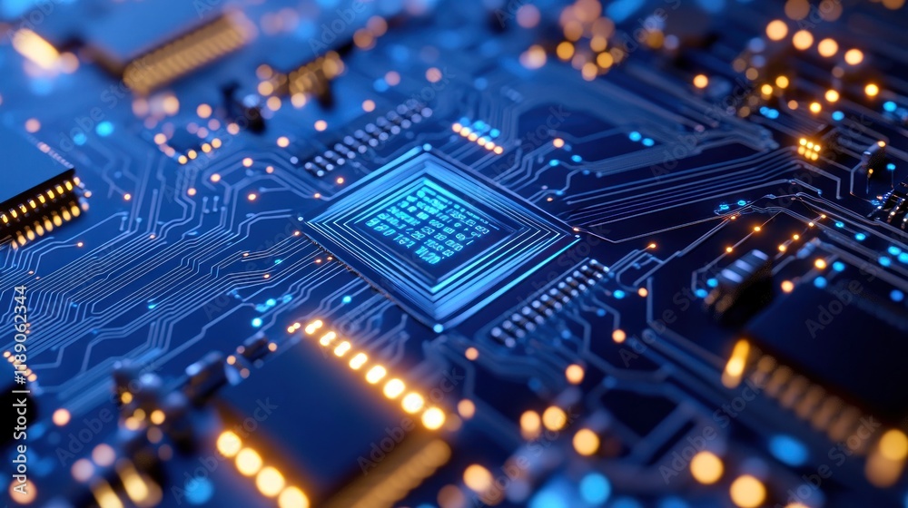 Obraz premium Close-up of a glowing blue central processing unit (CPU) on a circuit board.