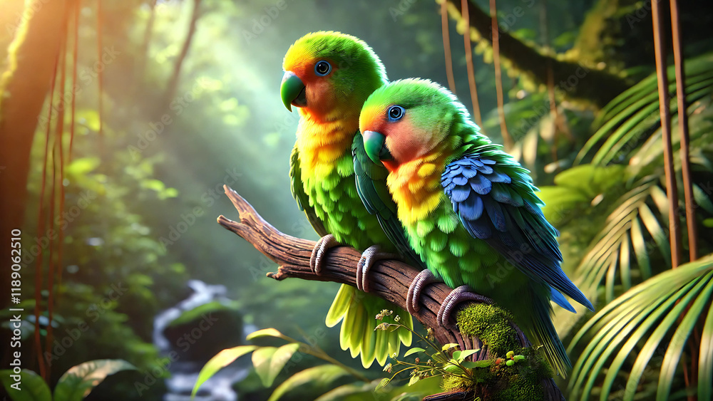 Obraz premium Realistic Image of Two Colorful Lovebirds Perched in Nature