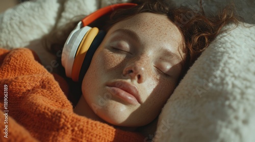 A person reclines comfortably on a plush sofa, wearing headphones and basking in tranquility. This moment captures the importance of rest for mental well-being photo