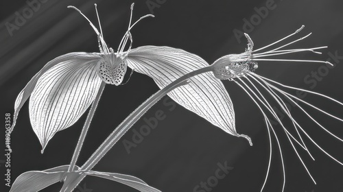 Monochrome close-up of two delicate flowers with intricate details, highlighted by dramatic lighting against a dark background.