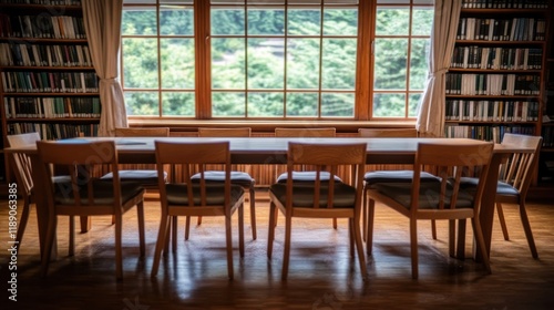 Wallpaper Mural Wooden table and chairs in a library with large windows overlooking a green landscape. Torontodigital.ca