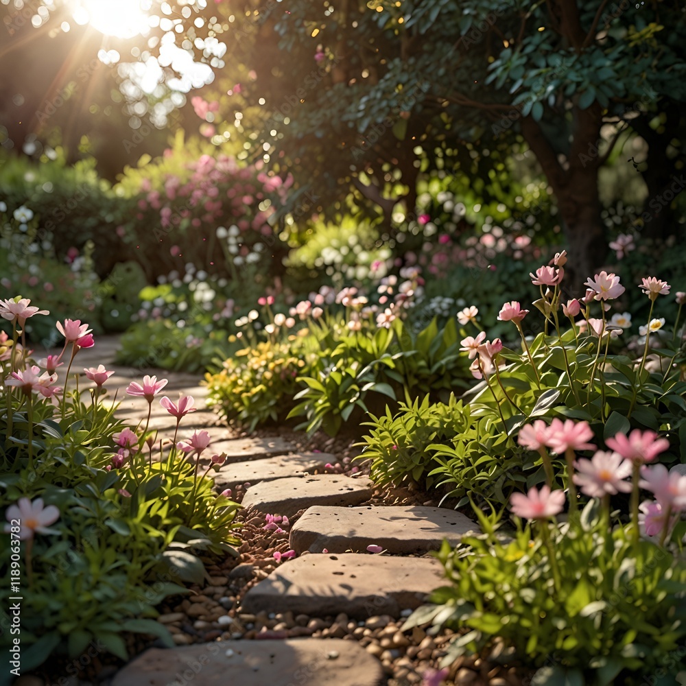 Obraz premium pink flowers in a garden pathway