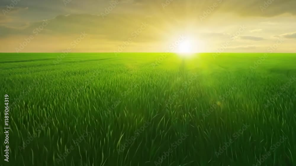 Idyllic view of green crop fields, warm setting sun on horizon, minimal natural background Idyllic view of green crop fields, warm setting sun on horizon, minimal natural background