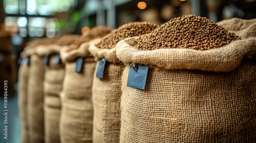 Obraz premium Rows of burlap sacks filled with coffee beans.
