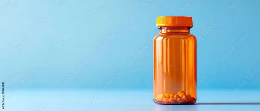 Orange Pill Bottle on Blue Background for Medical Use Orange Pill Bottle on Blue Background for Medical Use