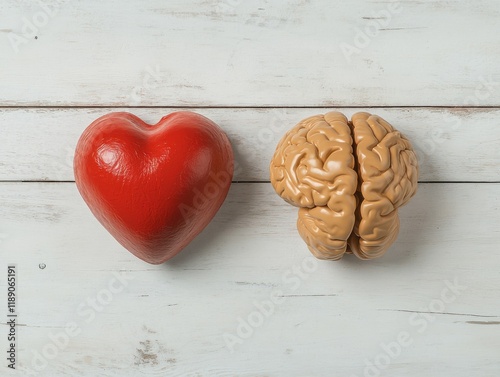 A vibrant red heart sits alongside a detailed human brain, symbolizing the interplay between emotional and mental health during Mental Health Awareness Month