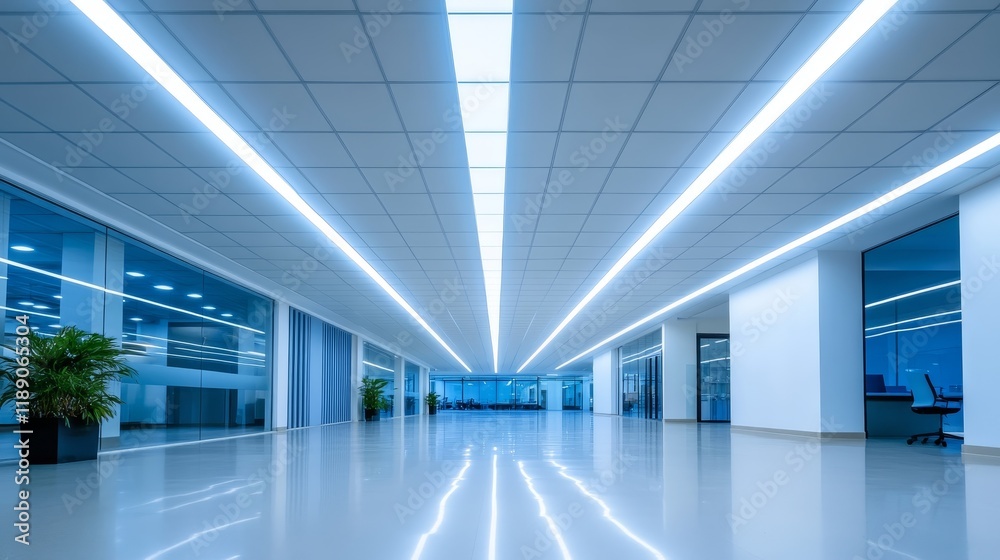 Obraz premium Modern office interior with sleek lighting and open space design.