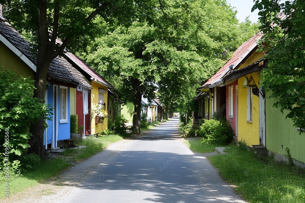 Colorful houses, tree-lined street, summer village Colorful houses, tree-lined street, summer village