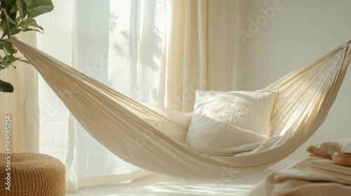 A clean white hammock gently swings in a sunlit room, surrounded by soft fabrics and natural decor, inviting moments of relaxation and mindfulness during Mental Health Awareness Month