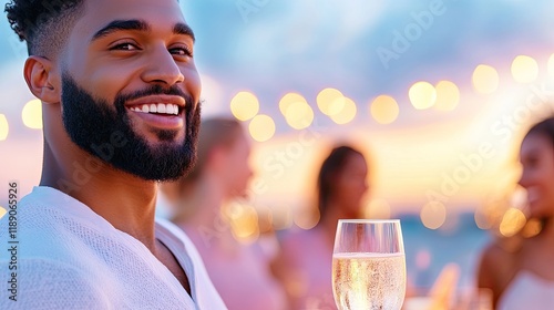 A group of friends at a rooftop party, with string lights, drinks, and a cityscape in the background photo