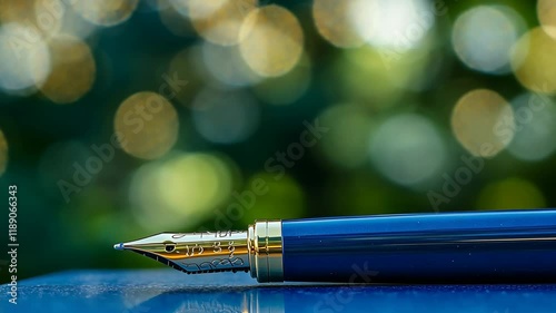 Wallpaper Mural Elegant fountain pen resting on a reflective surface with a blurred green background Torontodigital.ca