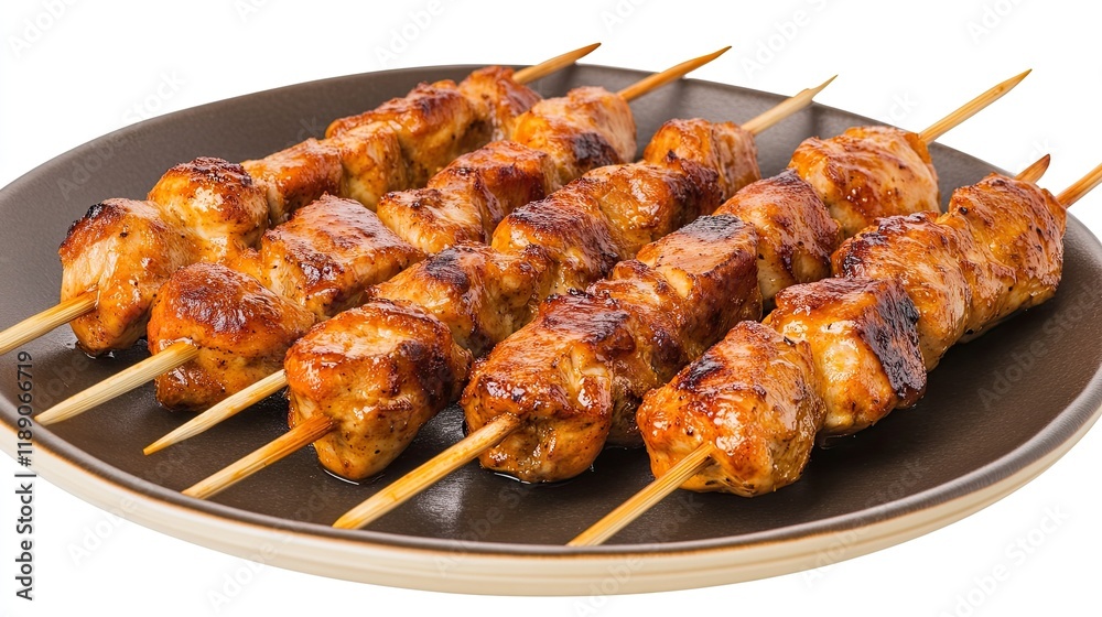 Grilled chicken skewers, seasoned with spices. Grilled chicken skewers, seasoned with spices.
