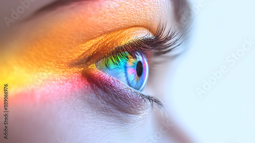 A profile view of a woman�s eye, showcasing a rainbow-colored iris, representing vision and pride in the LGBTQ+ community. photo