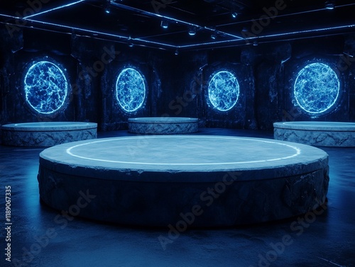 A futuristic room with glowing circular platforms and blue illuminated walls creates captivating atmosphere
