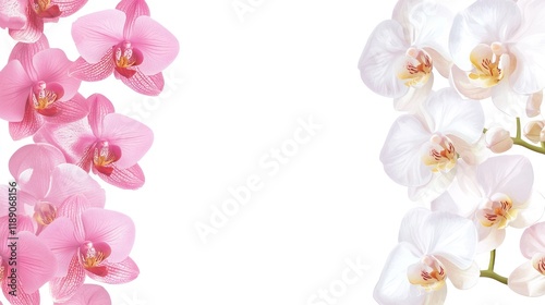 Pink and white orchid border on white background