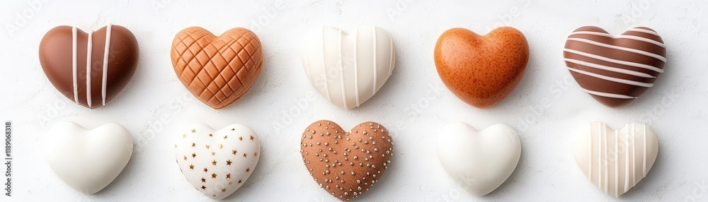 Obraz premium Assorted Heart-Shaped Chocolates in Various Colors and Textures on a White Background