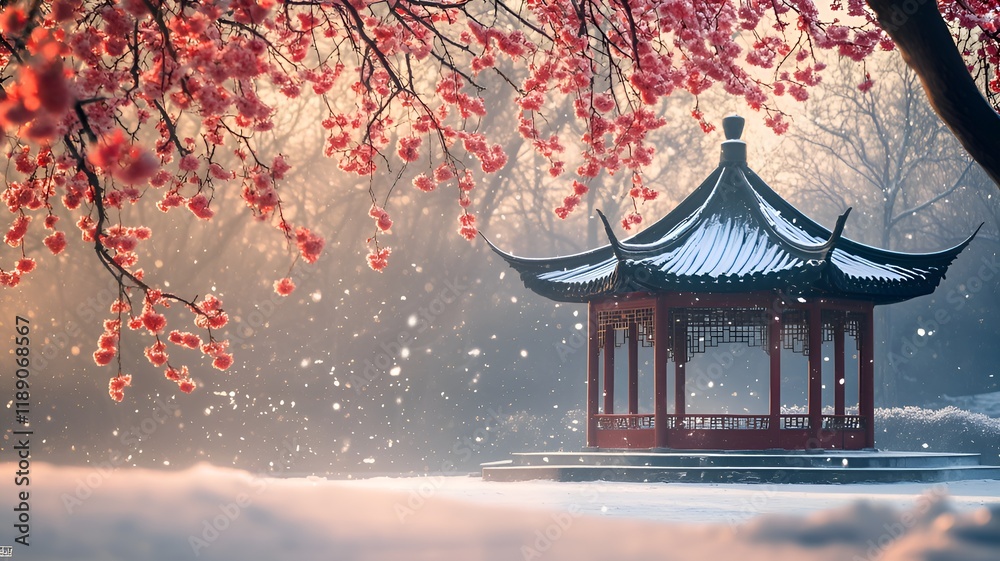 Obraz premium Asia, China. Plum blossom against the backdrop of a Chinese pagoda standing on a river. Surfaces covered with snow.