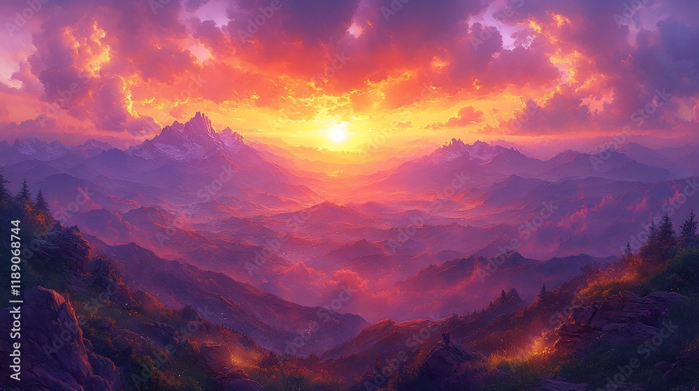 Majestic sunset over mountain range, scenic view, peaceful atmosphere, ideal for travel posters Majestic sunset over mountain range, scenic view, peaceful atmosphere, ideal for travel posters