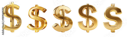 Golden dollar sign isolatd on white and transparent background, cut out png