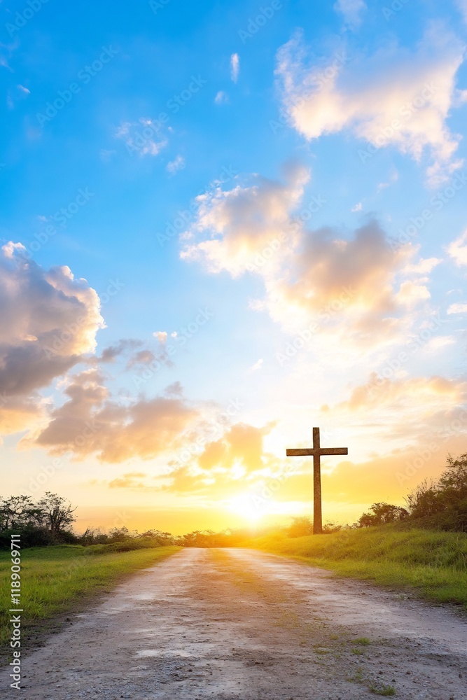 Sunset Pathway with Cross in Open Field - A Serene Landscape for Reflection