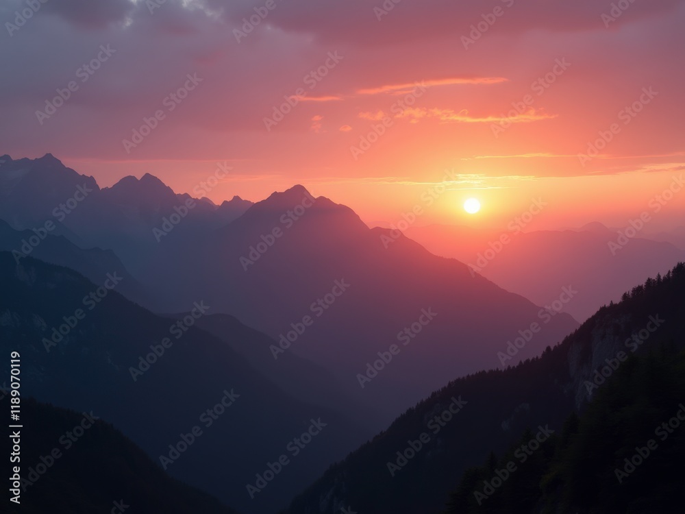 Fototapeta premium A serene sunset over a mountain range, with the sun dipping below the peaks, casting a warm glow over the landscape.