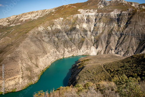 Valley of a mountain river, top view.