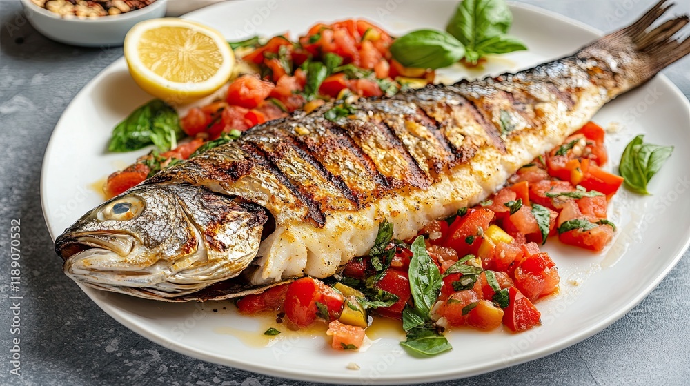 Grilled sea bass fillet served with tomato on a white plate Grilled sea bass fillet served with tomato on a white plate