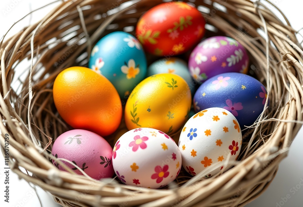 Collection set of a basket of colorful hand-painted decorated easter eggs on white background cutout file. Many different designs. Mockup template for artwork design Collection set of a basket of colorful hand-painted decorated easter eggs on white background cutout file. Many different designs. Mockup template for artwork design