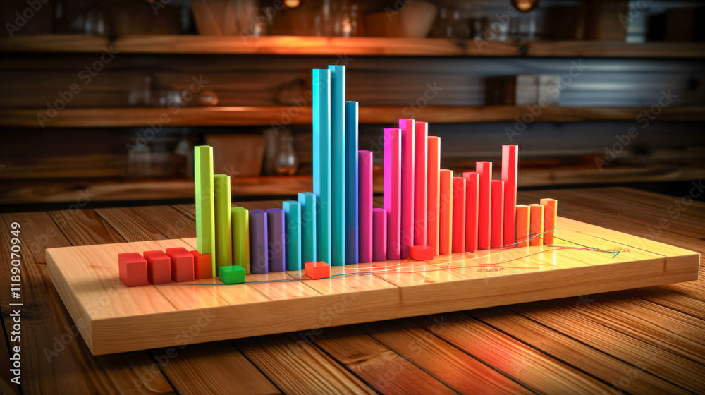 Fototapeta premium Colorful 3D bar graph displayed on a wooden table in a cozy cafe during daytime, showcasing data analysis and trends in a vibrant setting
