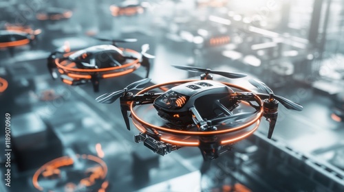 Dynamic aerial view of a cutting-edge drone factory, showcasing the future of drone technology
