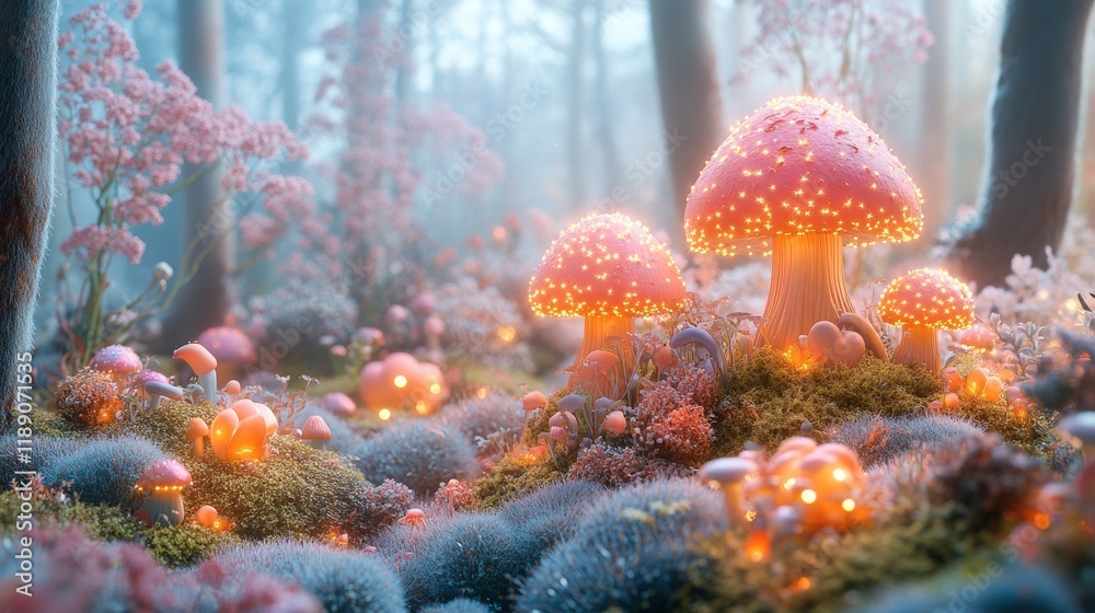 3D Illustration Glowing Mushrooms in an Enchanted Forest 3D Illustration Glowing Mushrooms in an Enchanted Forest
