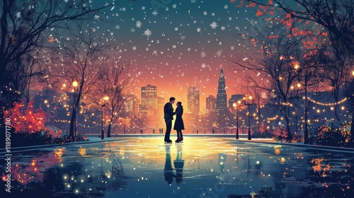 Lovely couple skate together on ice surface. photo