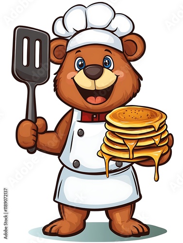 Cartoon-style bear chef holding a stack of pancakes with syrup, wearing an apron and smiling cheerfully.