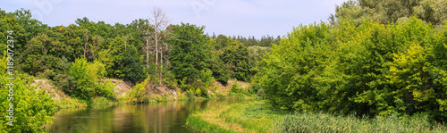 Obraz na płótnie A view of the river with wooded banks, panorama, banner, summer natural landscape w salonie