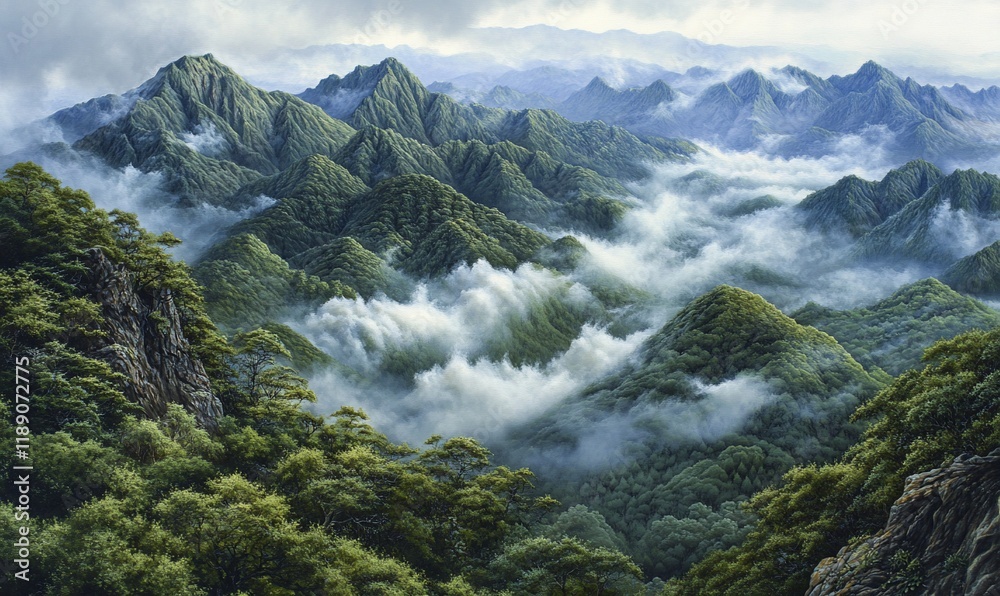 Misty mountain range, aerial view, lush vegetation, scenic landscape, travel background Misty mountain range, aerial view, lush vegetation, scenic landscape, travel background