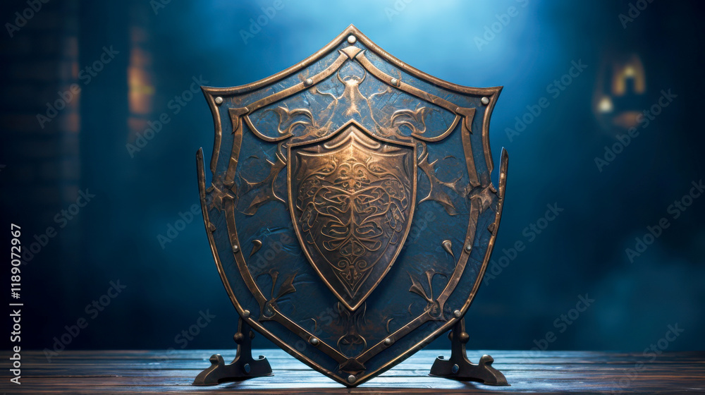Fototapeta premium Ornate medieval shield displayed on a wooden pedestal in a dimly lit room with mystical atmosphere