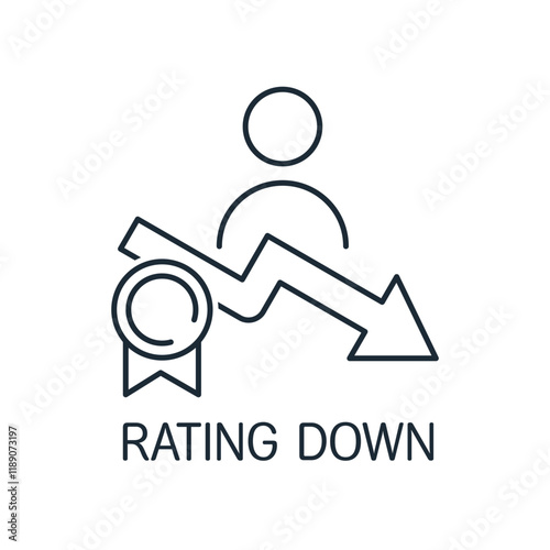 Personal career, rating down. Symbol of bankruptcy, failure, recession, crisis and financial losses . Vector linear icon illustration isolated on white background.