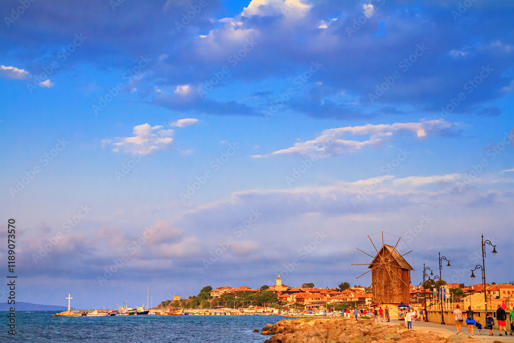 Seaside landscape - view of the Old Town of Nessebar in the rays of the sun, on the Black Sea coast of Bulgaria