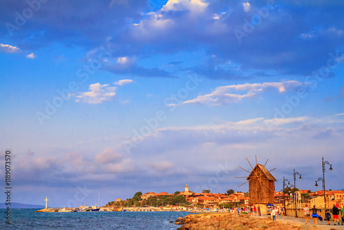 Obraz na płótnie Seaside landscape - view of the Old Town of Nessebar in the rays of the sun, on the Black Sea coast of Bulgaria w salonie