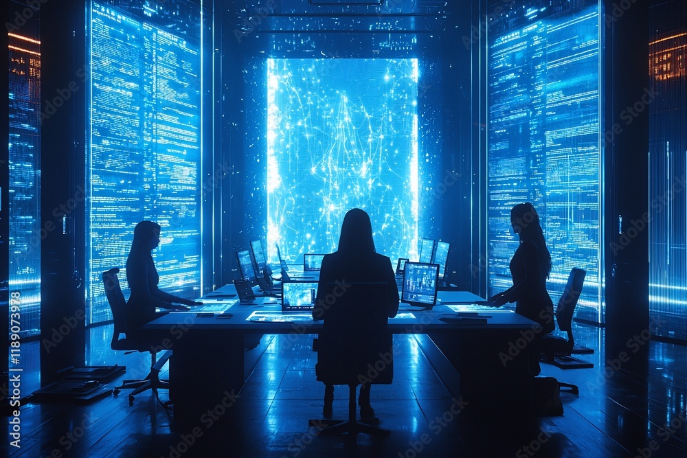 Silhouetted women working in a futuristic tech control room with glowing data screens. Silhouetted women working in a futuristic tech control room with glowing data screens.